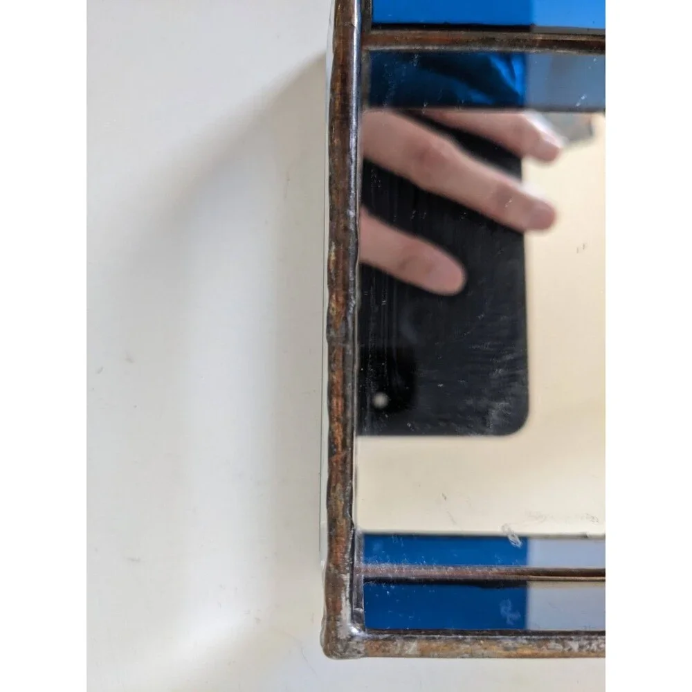 Vintage Stained Glass Brass Trinket Jewelry Box Blue With Mirrored Bottom Flower